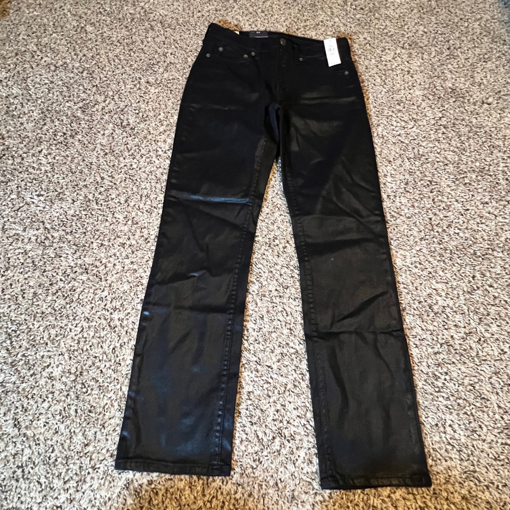 Gap Vintage Slim Mid Rise‎ Coated Black Denim Jeans 2/26 R Waxed Leather Look